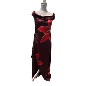 Merokeety Maroon Dress Red Floral Pattern Long Size L NWT